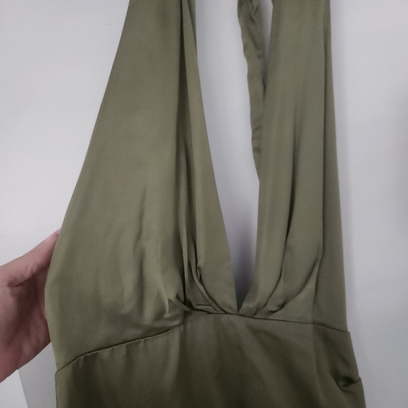 Zara Olive Light Green Satin Deep V Backless Tie-Up Lined Dress NEW - Picture 7 of 13